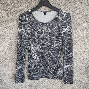 Ann Taylor Top Womens Small Black Long Sleeve Printed Keyhole Neck Casual Ladies